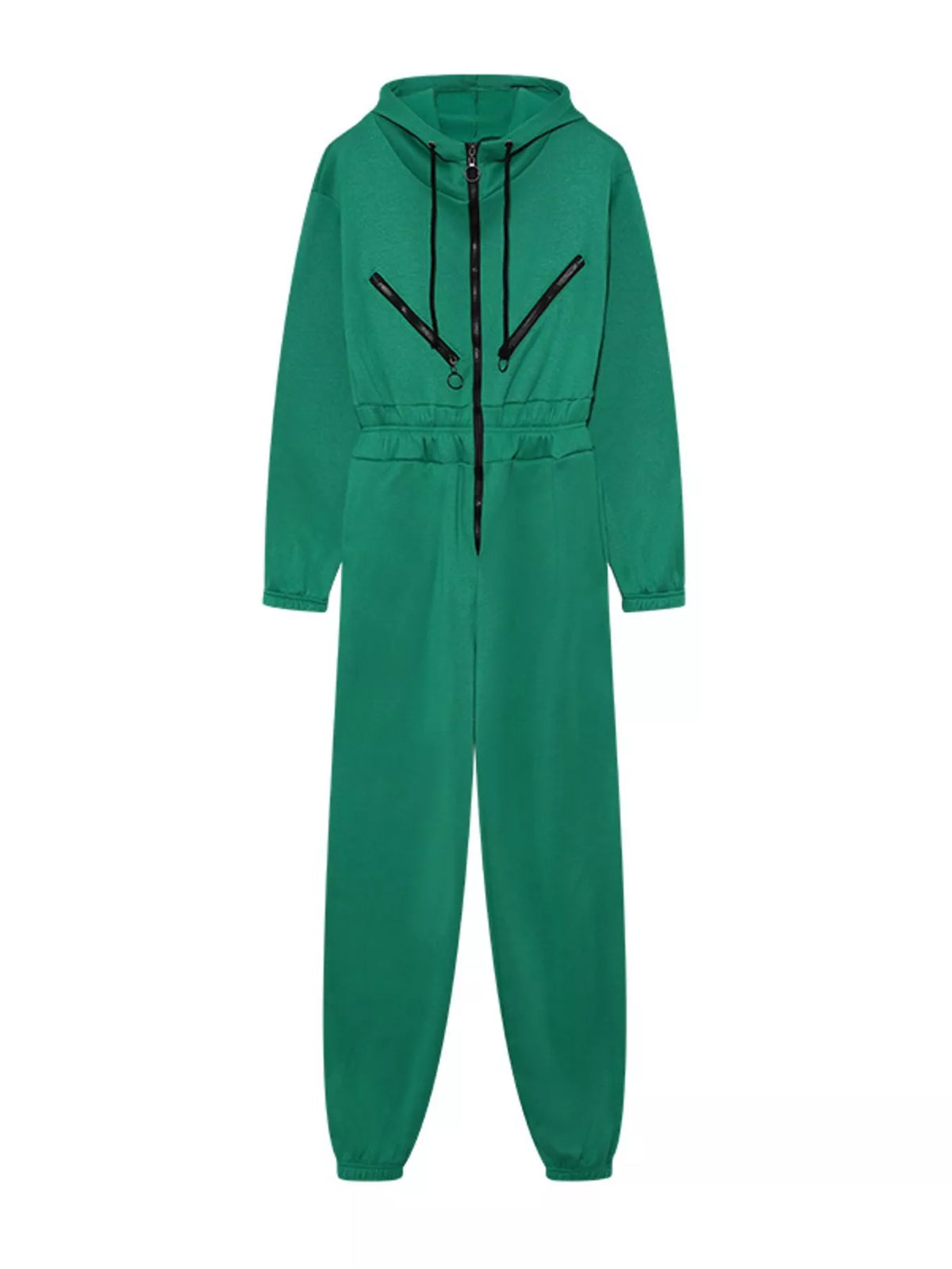 Women's hooded zip-up long-sleeve jumpsuit, green flat-lay front view