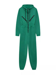Women's hooded zip-up long-sleeve jumpsuit, green flat-lay front view