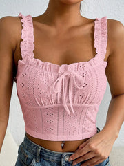 Yellow eyelet crop tank with ruffled shoulder straps
