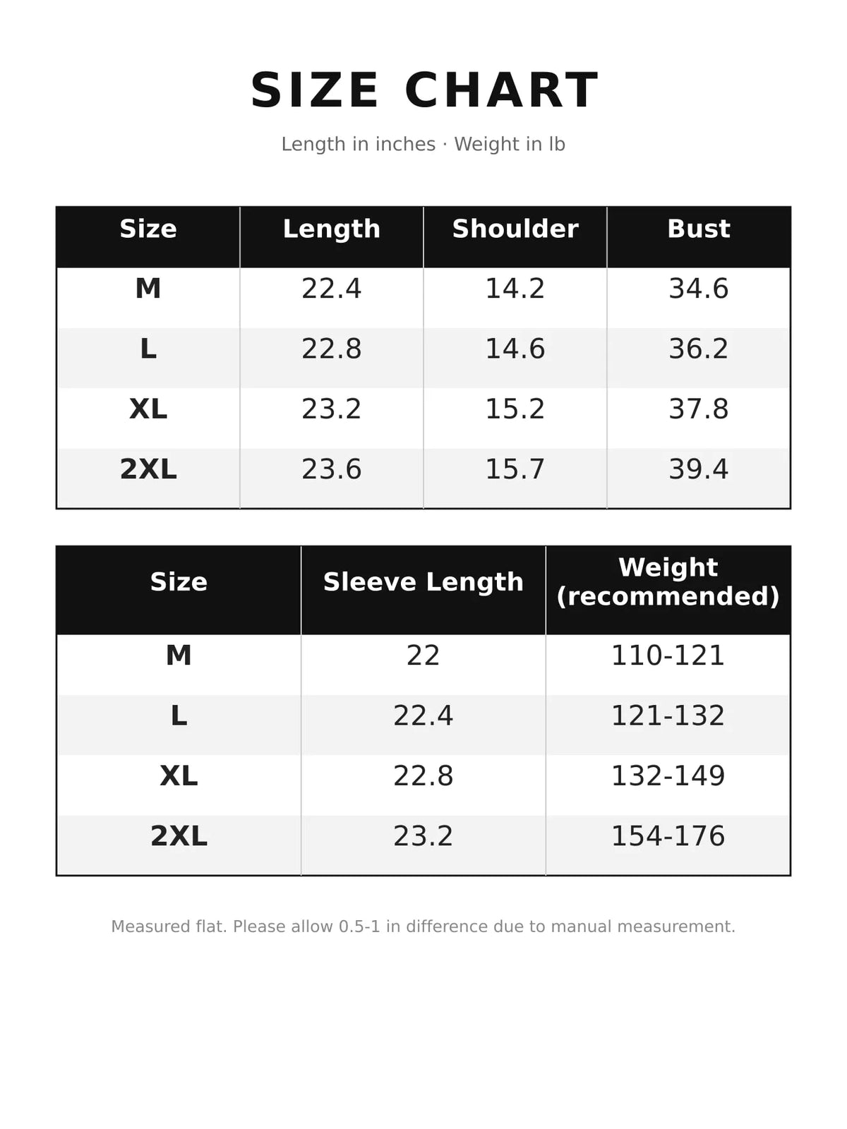 Hooded sweater size chart for M–2XL, listing length, shoulder, bust and sleeve measurements in inches and recommended weight in pounds.