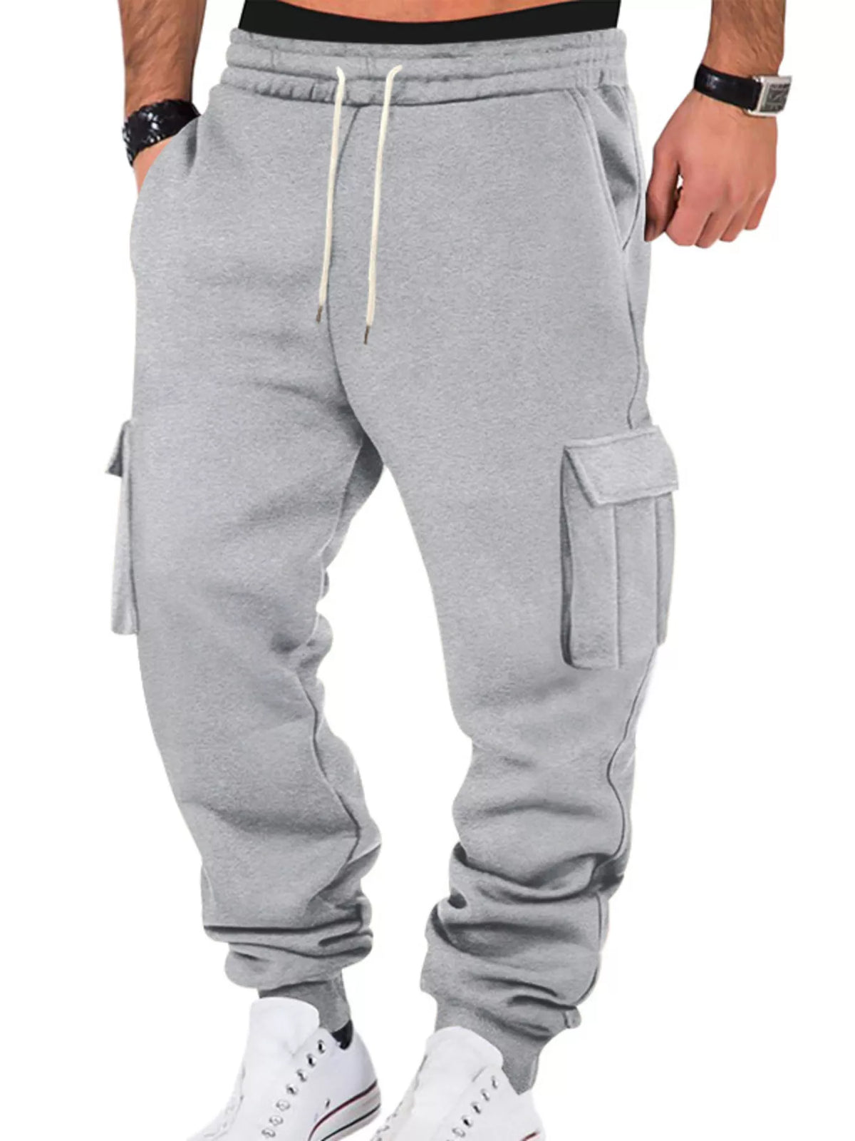 Model wearing light gray cargo joggers with drawstring waist