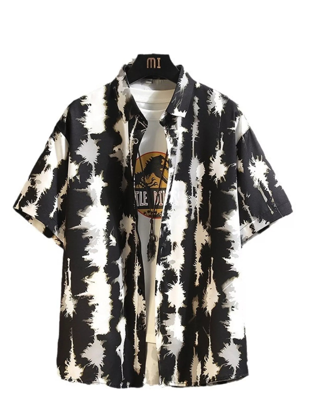 Black-and-cream abstract print short-sleeve button-up shirt, front view