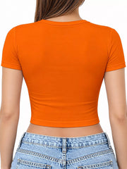 Back view of an orange cropped crew-neck short-sleeve T-shirt