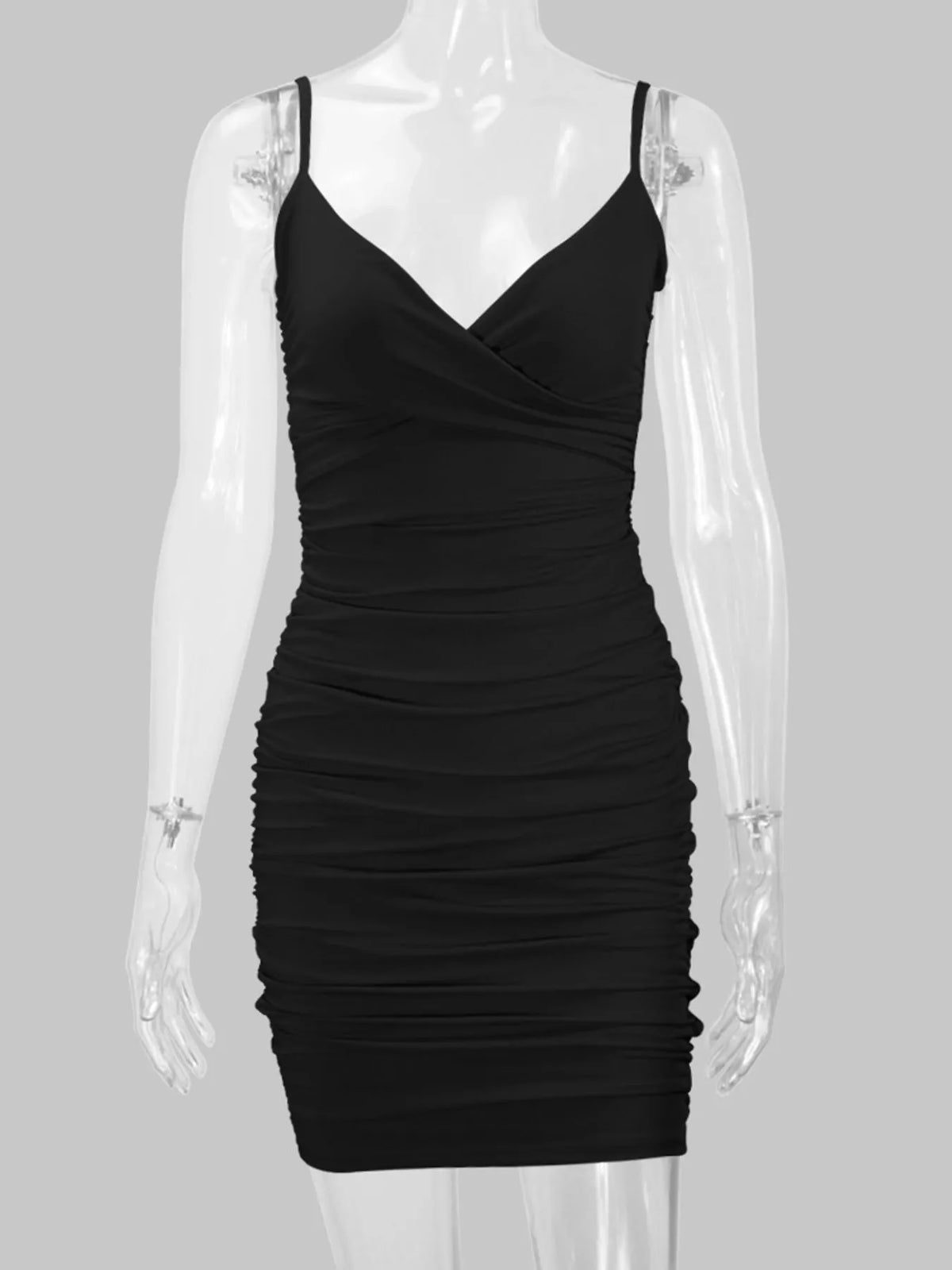 Black spaghetti-strap ruched bodycon mini dress shown front-facing on a mannequin.