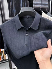 Dark navy textured short-sleeve shirt shown close-up