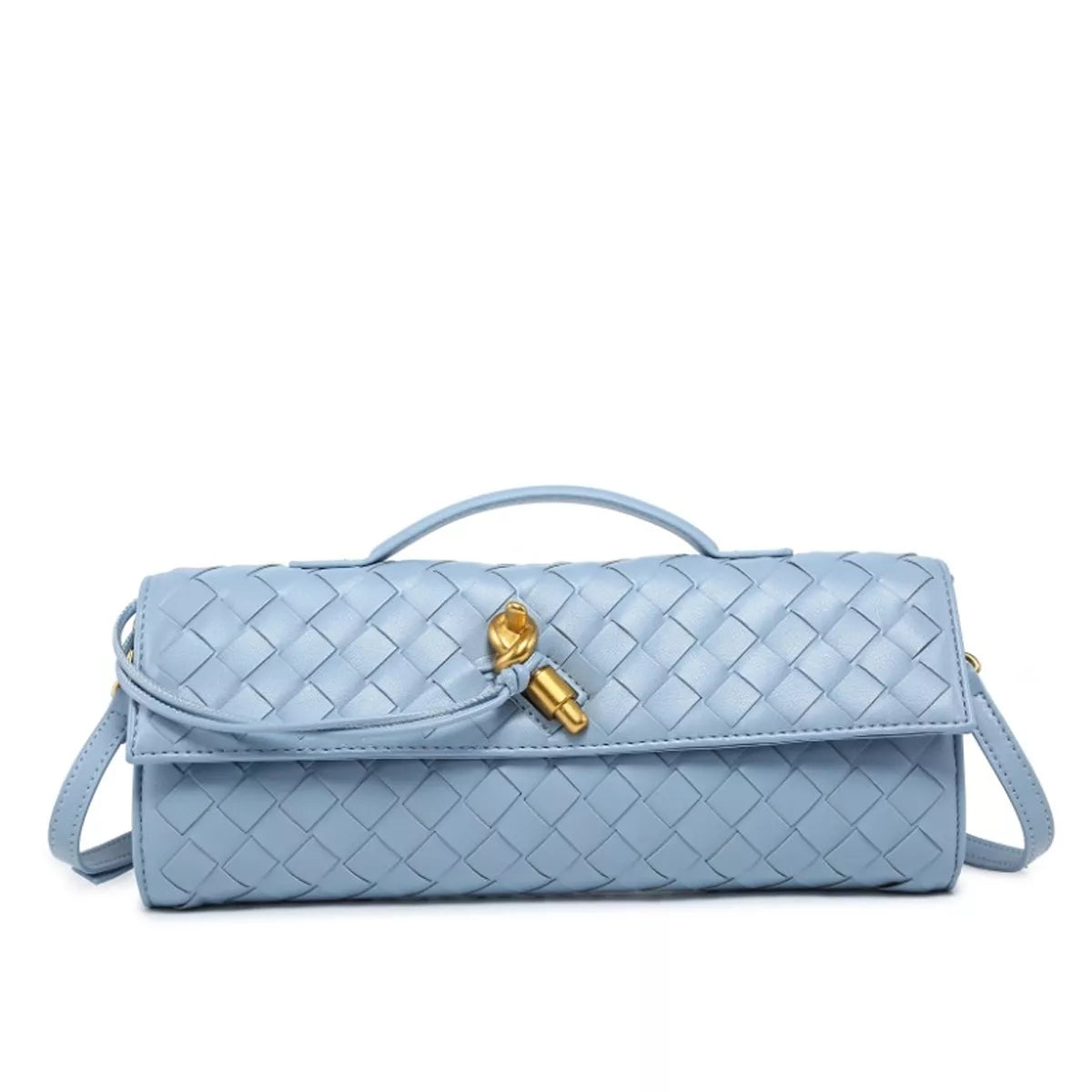 Front view of a pale blue woven wristlet bag with gold-tone clasp
