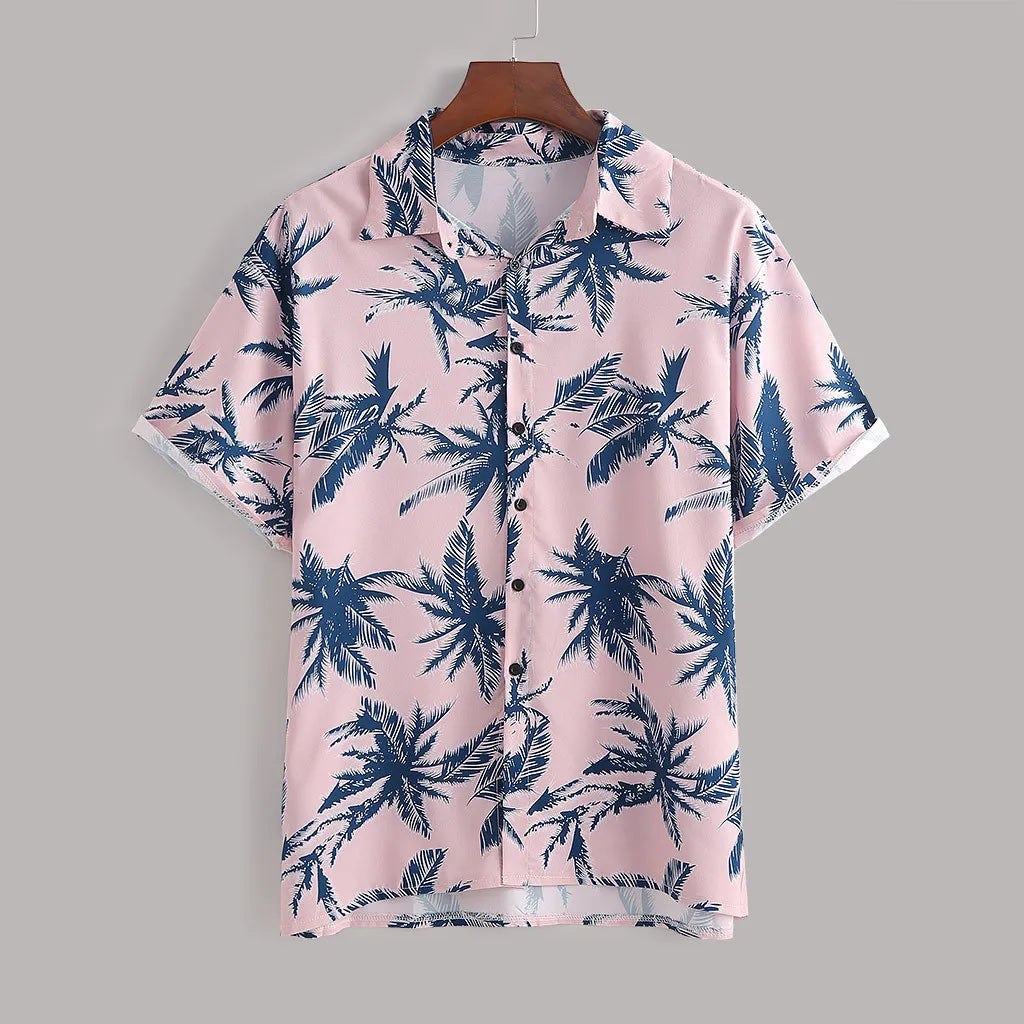 Pink tropical palm-print short-sleeve button-up shirt, front view