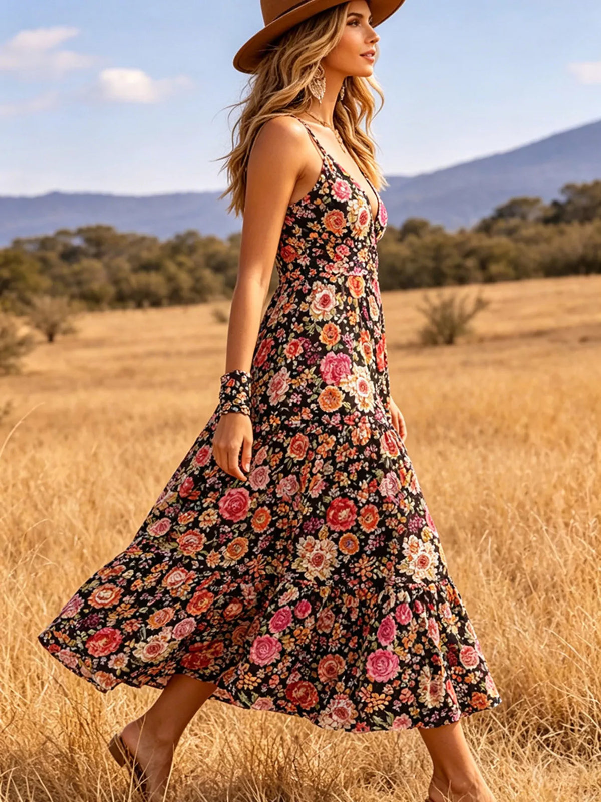 Side view of black floral midi dress with wide flowing skirt
