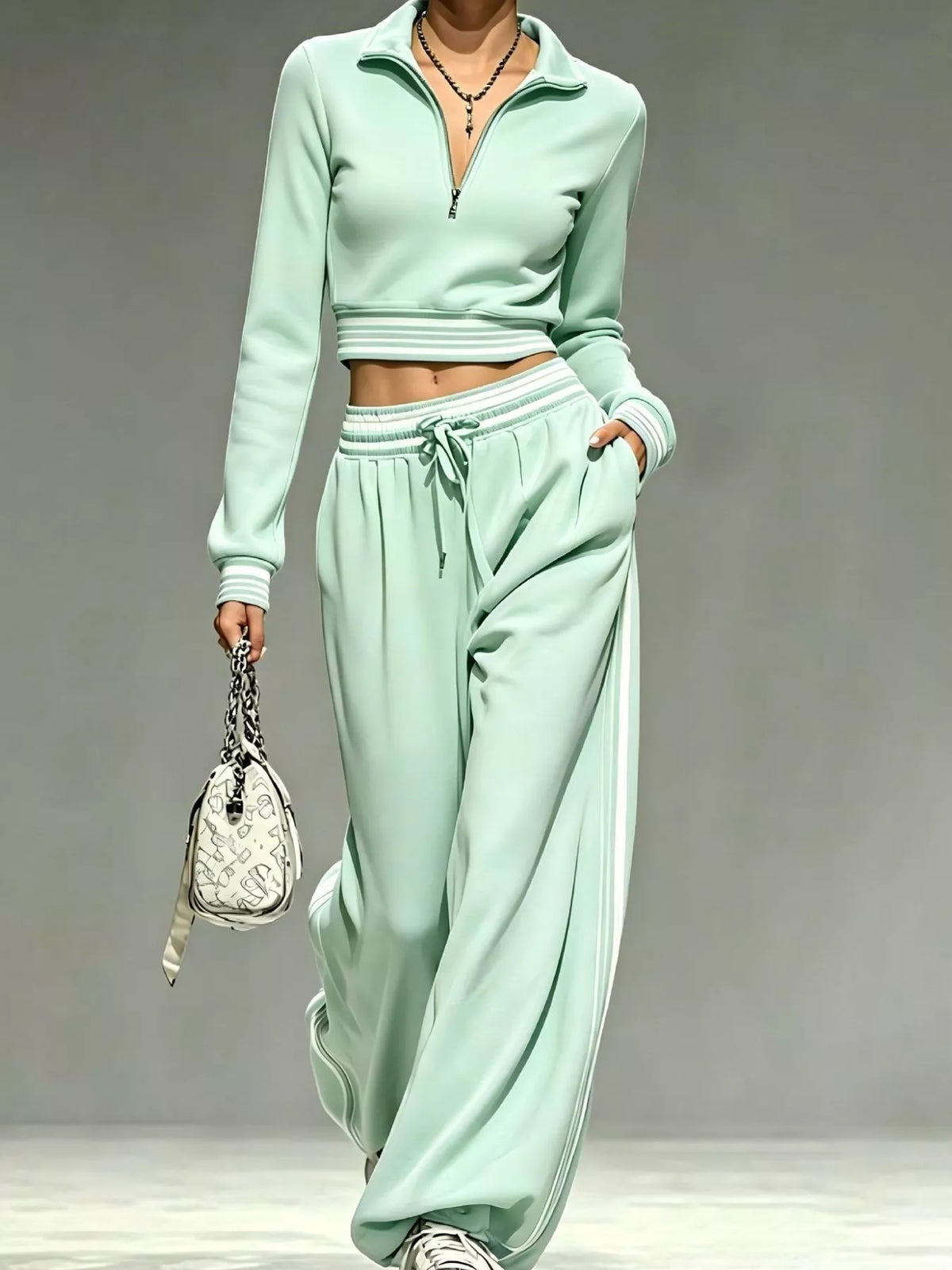 Model wearing mint green half-zip crop top and matching wide-leg pants