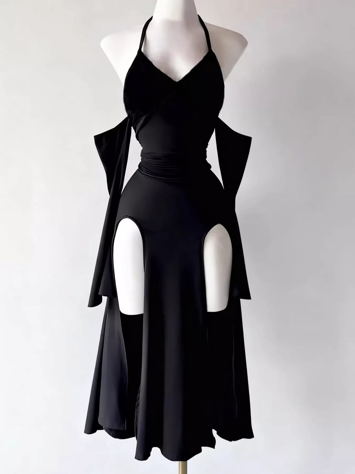 Back view of army-green halter dress with long tie straps