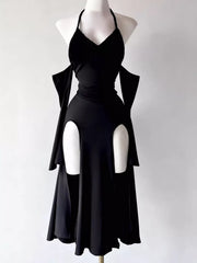 Back view of army-green halter dress with long tie straps