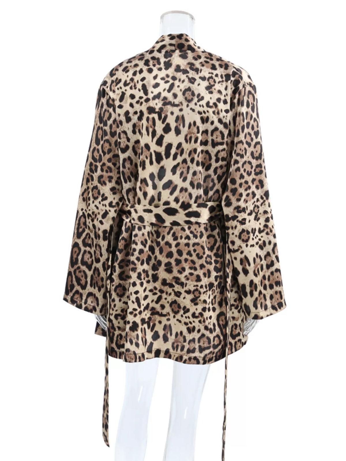 Back view of the leopard-print cardigan and shorts on a mannequin