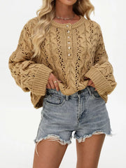 Women’s cable-knit half-button openwork sweater in tan close front view