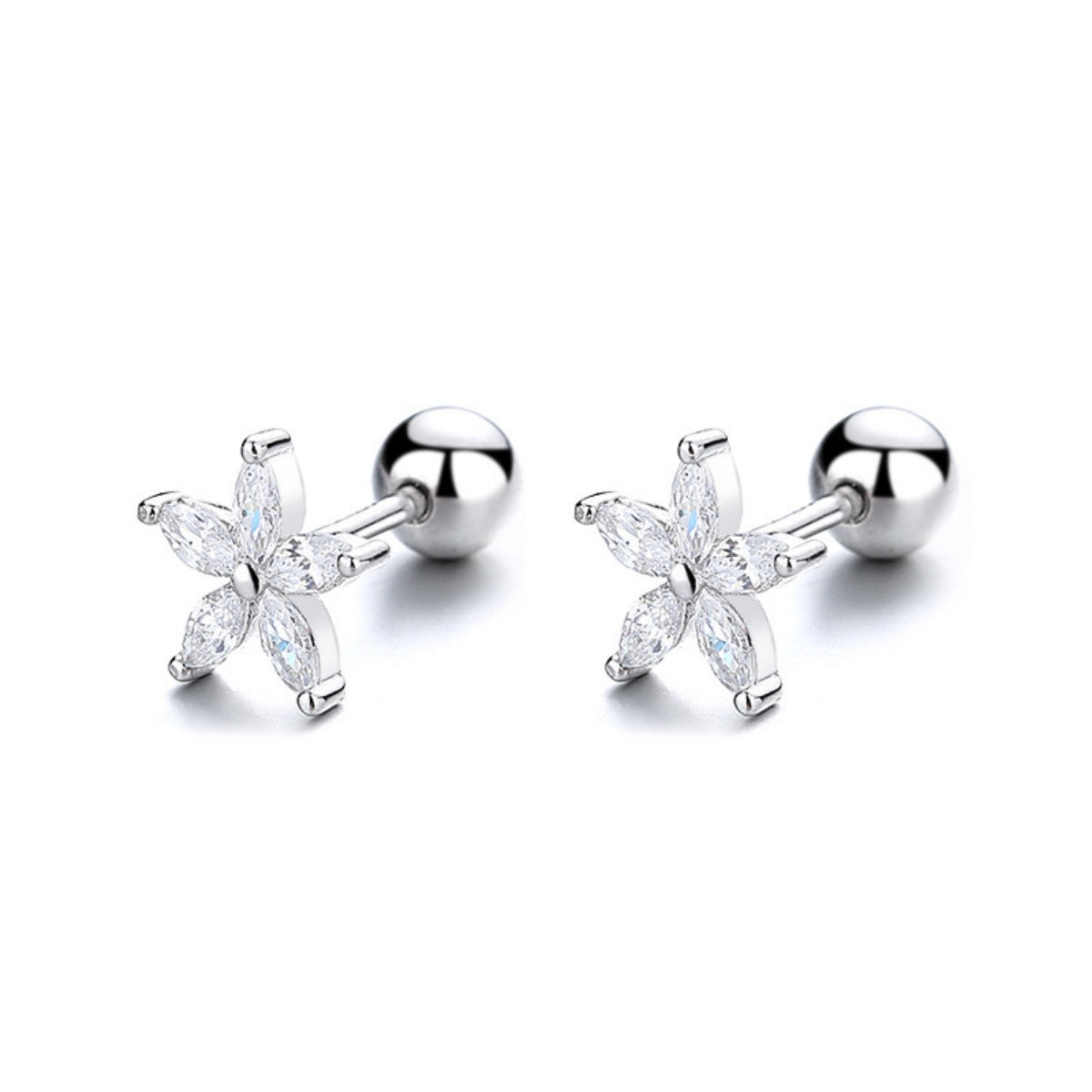 Pair of silver-tone flower studs with clear stones, front view