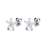 Pair of silver-tone flower studs with clear stones, front view