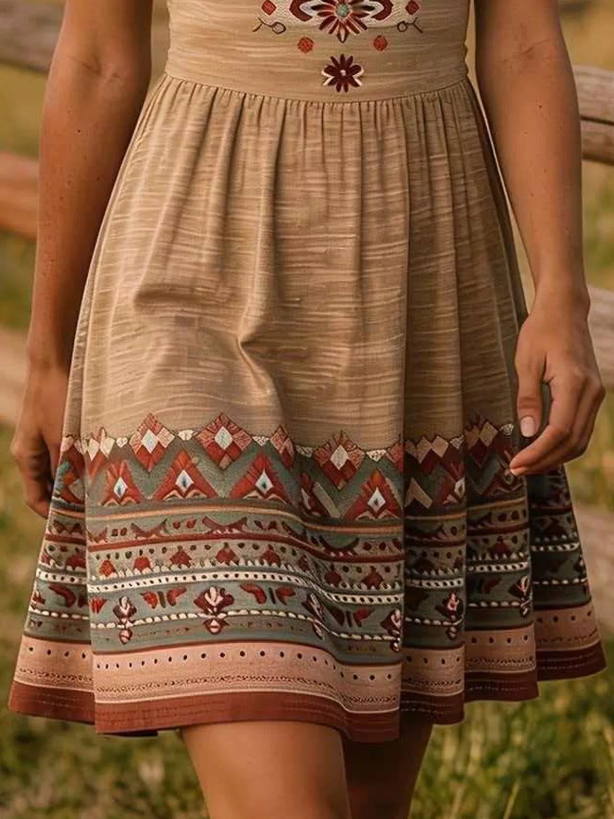 Close view of tan skirt and patterned hem