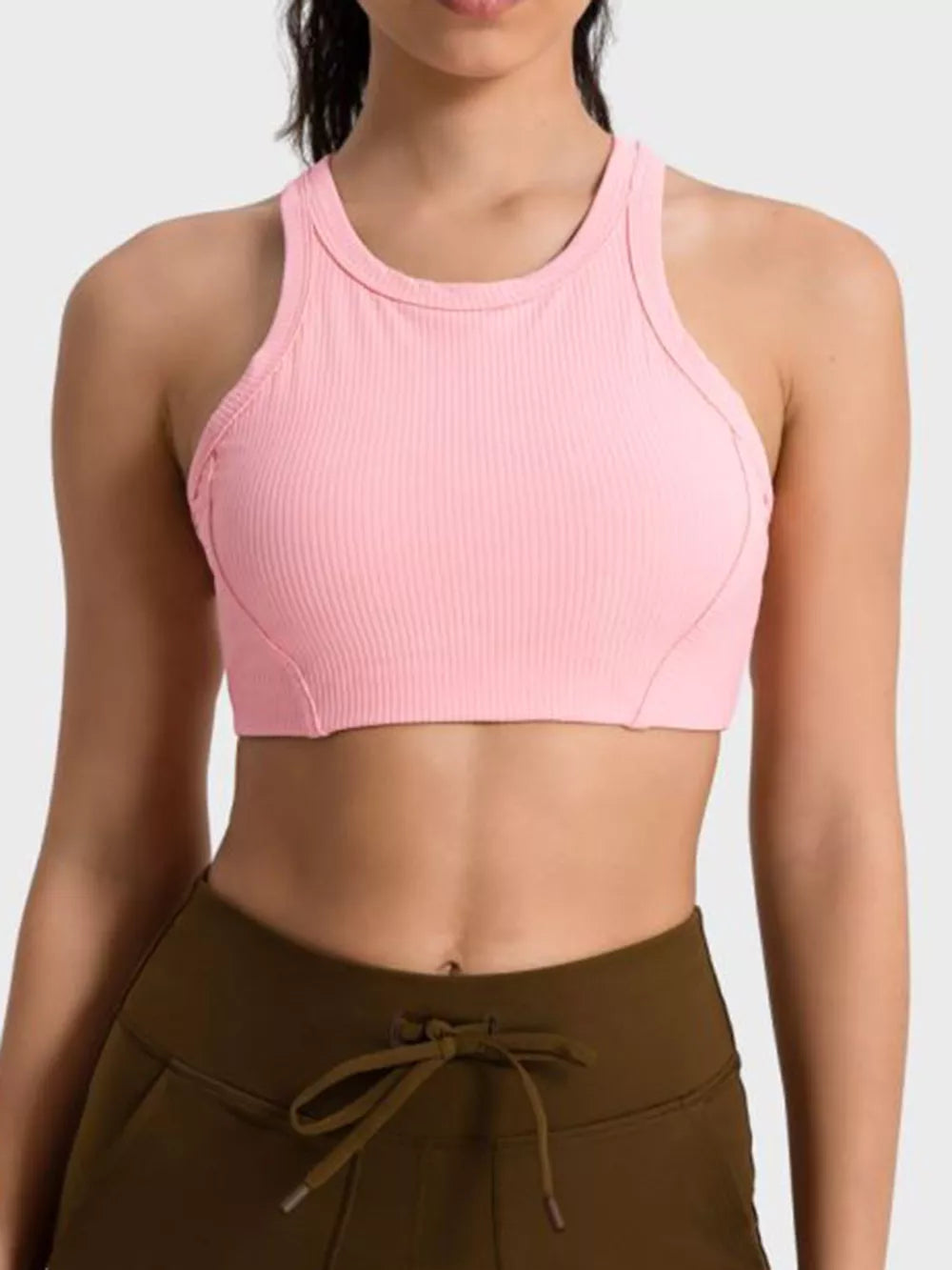 Pink wide-strap cropped sport tank, front view