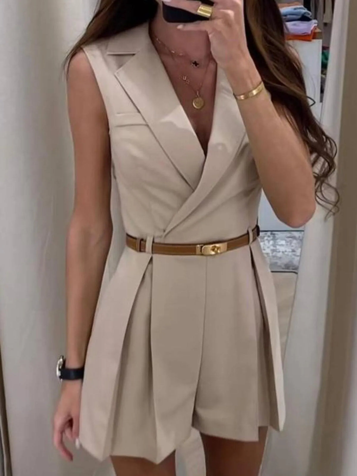 Women's solid sleeveless surplice romper in polyester, side view