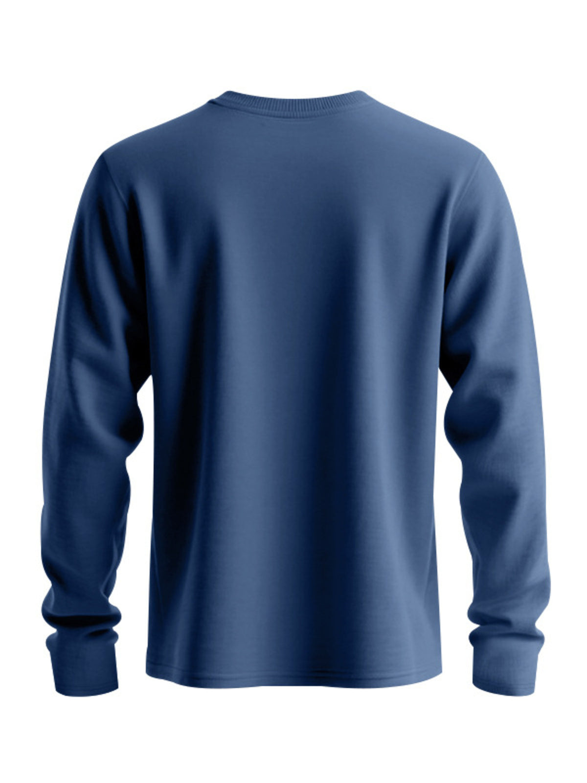 Back view of the blue shirt showing its plain back and long sleeves.