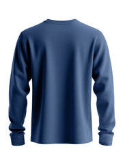 Back view of the blue shirt showing its plain back and long sleeves.