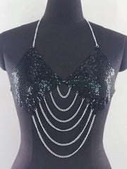 Black metallic chainmail halter cami top with layered silver chain drapes, front view on mannequin