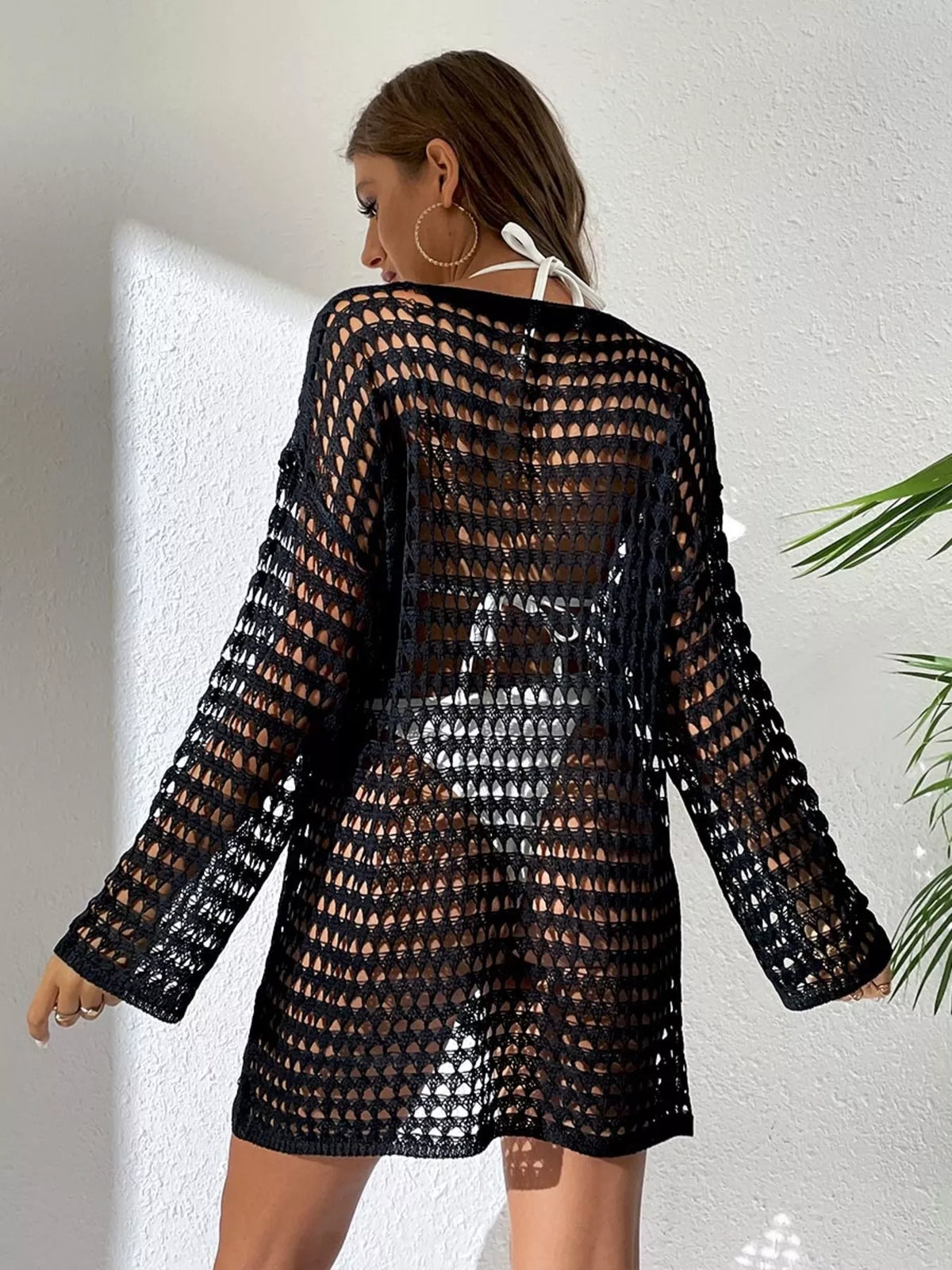 Black crochet cover-up dress, back view