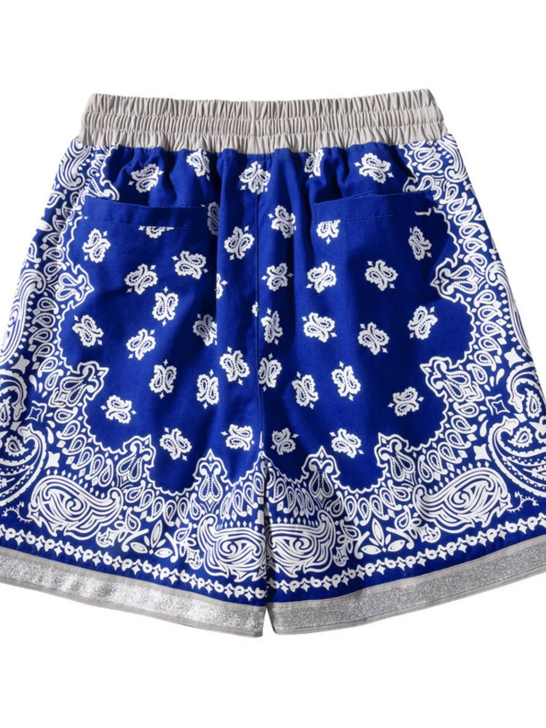 Royal-blue floral and paisley shorts, alternate front view