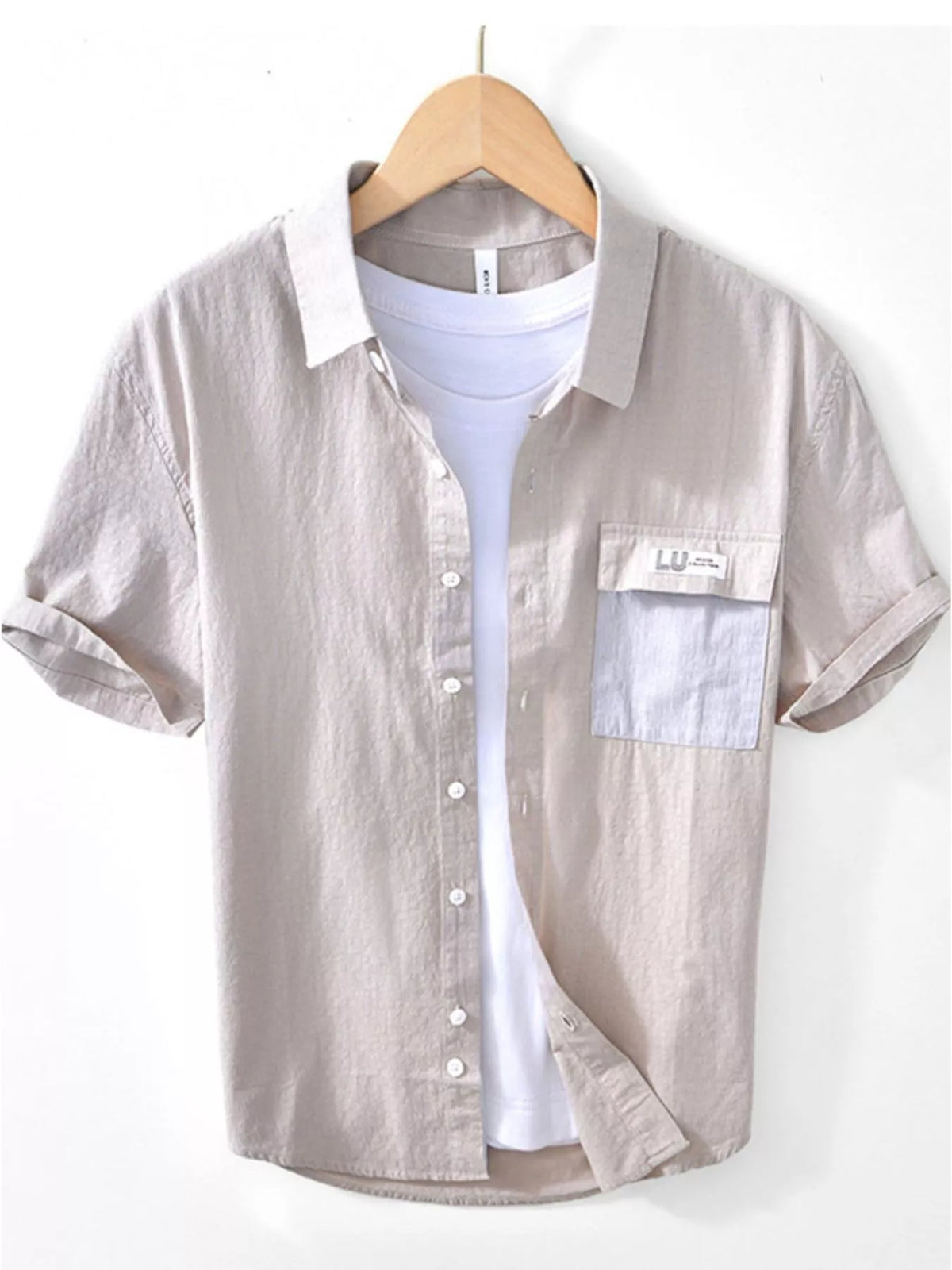 Taupe short-sleeve button-down shirt with chest pocket, front view