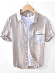 Taupe short-sleeve button-down shirt with chest pocket, front view