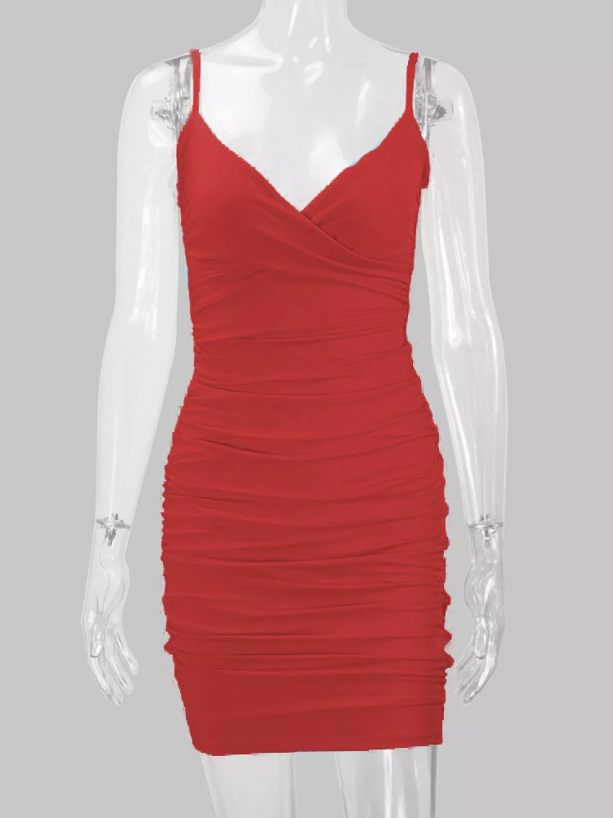 Red spaghetti-strap ruched mini dress displayed front-facing on a mannequin.