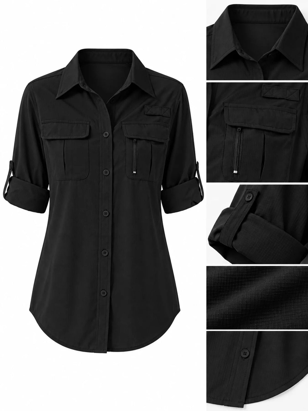 Black button-down shirt detail collage showing collar, pockets, sleeve and hem