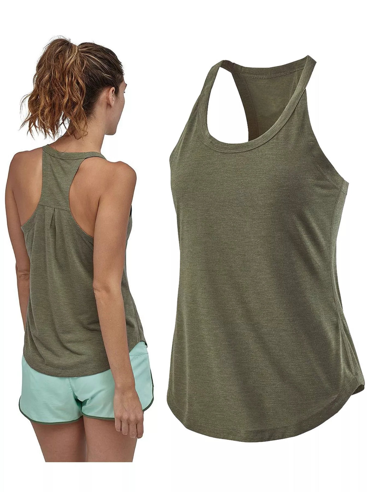 Model wearing olive racerback tank with mint shorts, back view