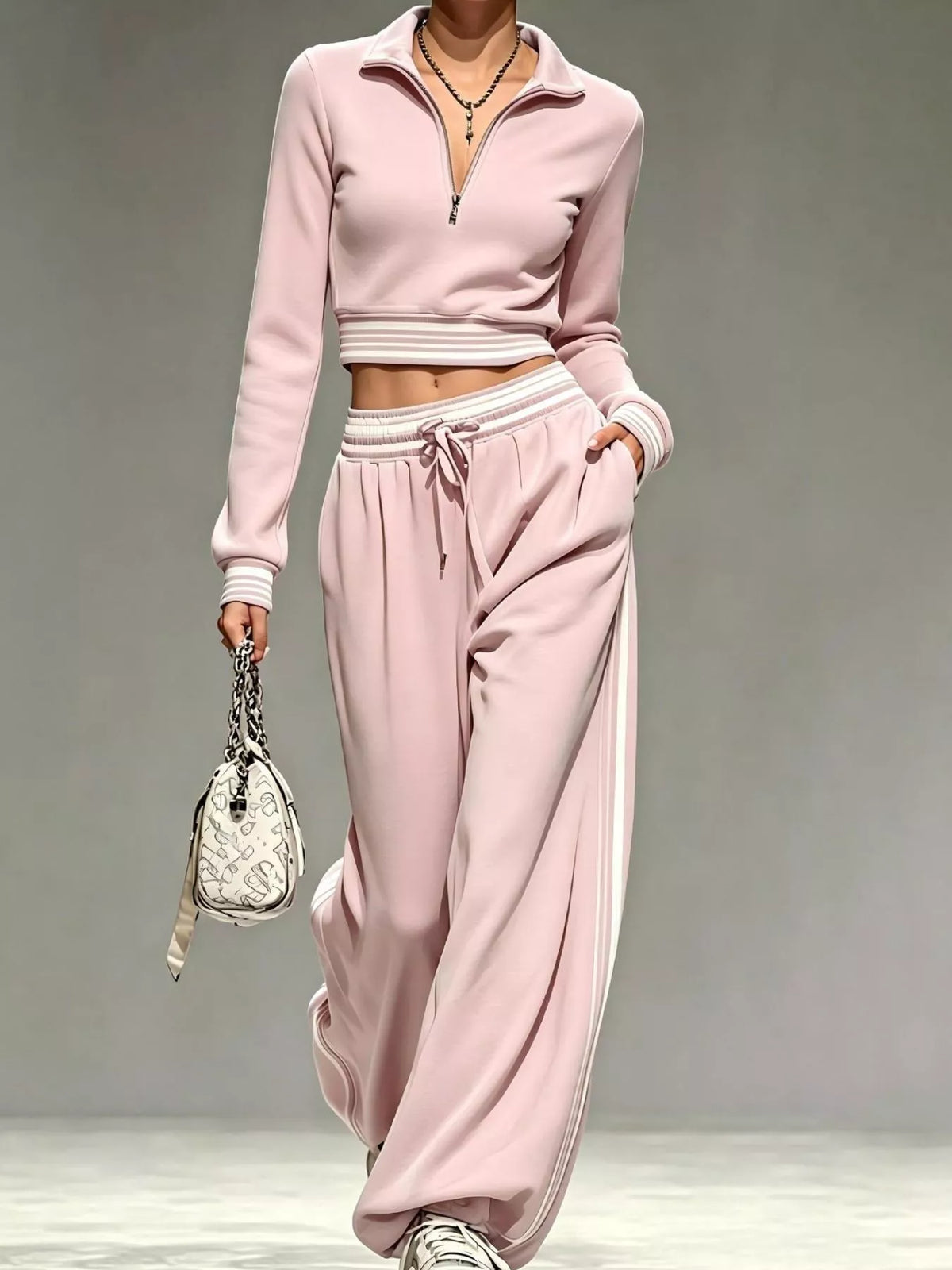 Model in pink half-zip cropped top and matching wide-leg pants, full view