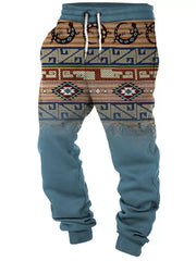 Blue geometric-print drawstring joggers, front view