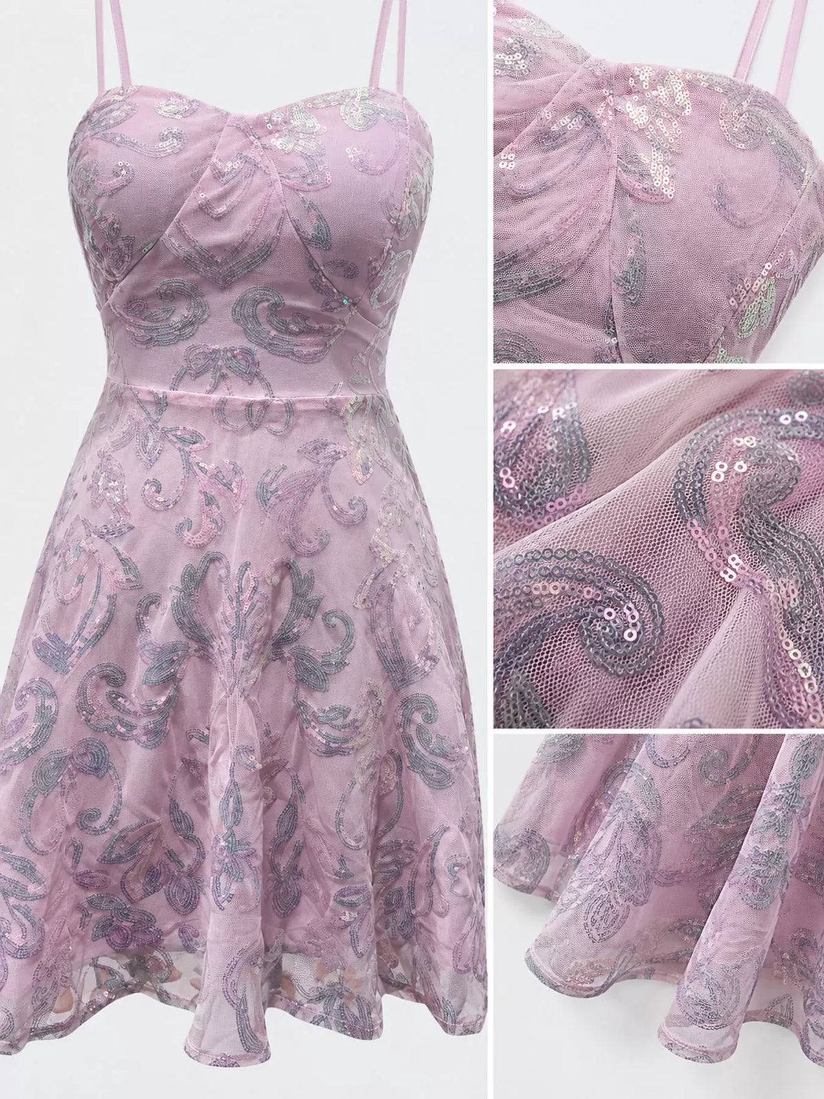 Pale lilac dress detail collage showing the floral-sequin bodice, sheer overlay and hem.