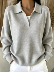 Light gray ribbed polo sweater modeled, front view