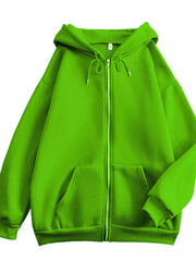 Front view of the bright green hoodie with zipper and kangaroo pockets