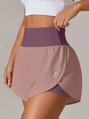 Lavender wrap-overlay shorts shown from behind
