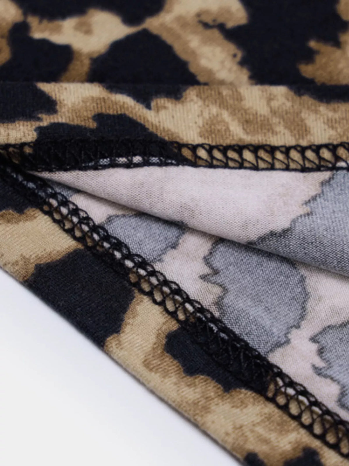 Close-up of leopard print fabric and stitched edge