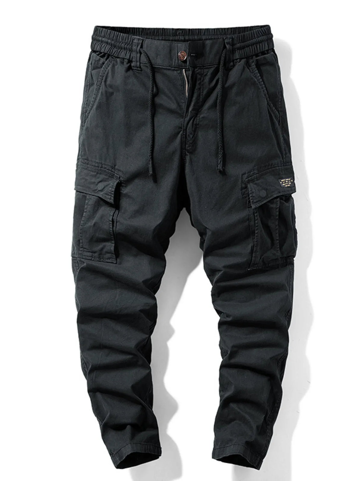 Black cargo pants with drawstring waist and side cargo pockets