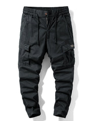 Black cargo pants with drawstring waist and side cargo pockets