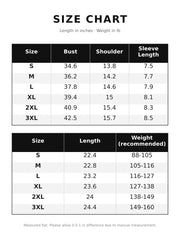 T-shirt size chart with bust, shoulder, sleeve length, garment length and recommended weight measurements for sizes S to 3XL.
