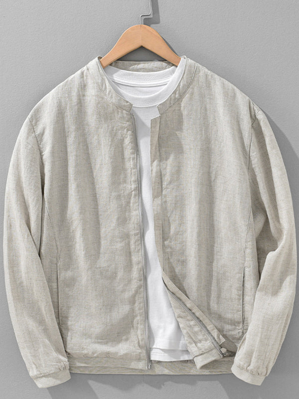 Light beige zip-up jacket on a hanger, front view