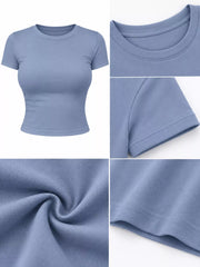 Heather gray cropped crew neck T-shirt shown on a model with light blue jeans.