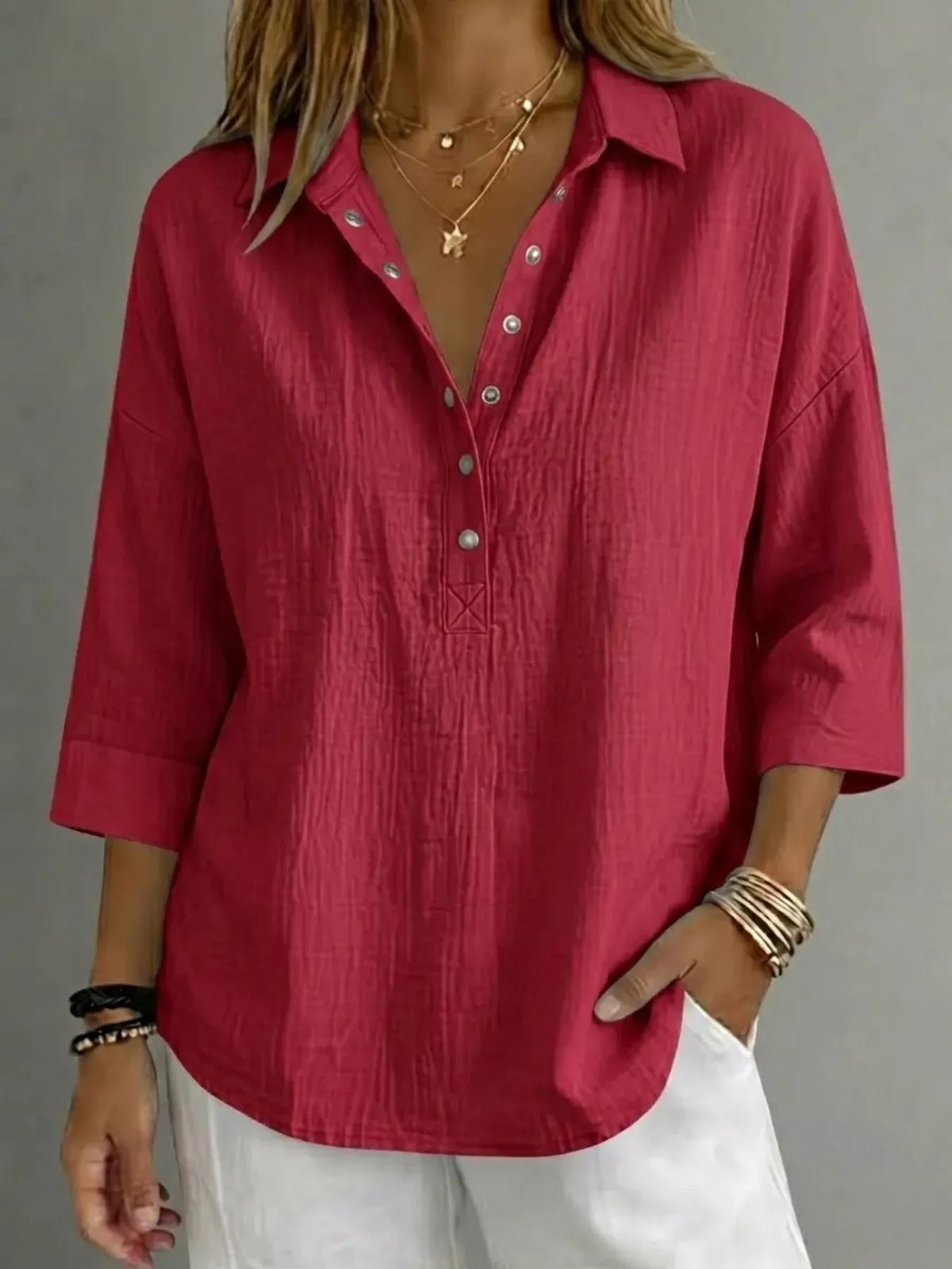 Women's plus-size snap-down 3/4-sleeve blouse, alternate view 2
