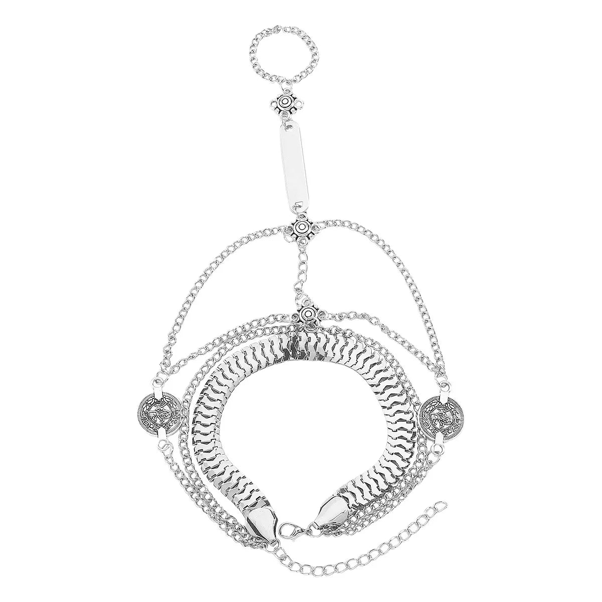 Silver-tone layered chain hand bracelet with connected finger ring