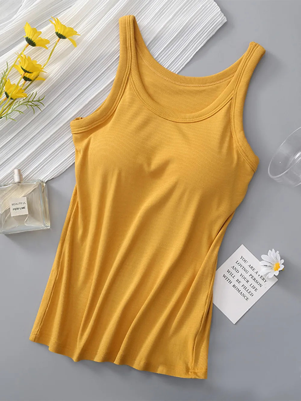Soft viscose tank top with built-in bra shown in an alternate colour