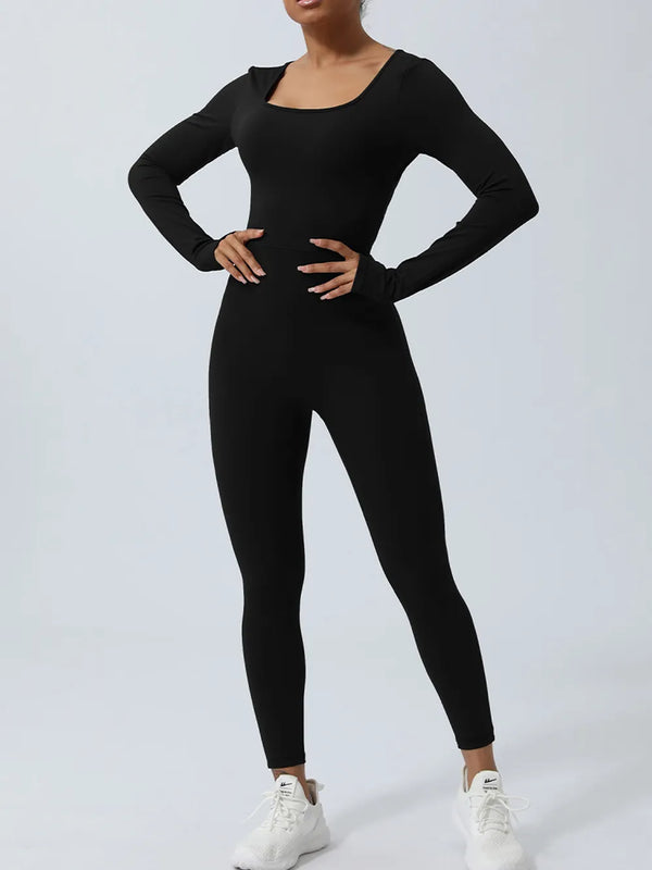 Black long-sleeve jumpsuit shown from the front
