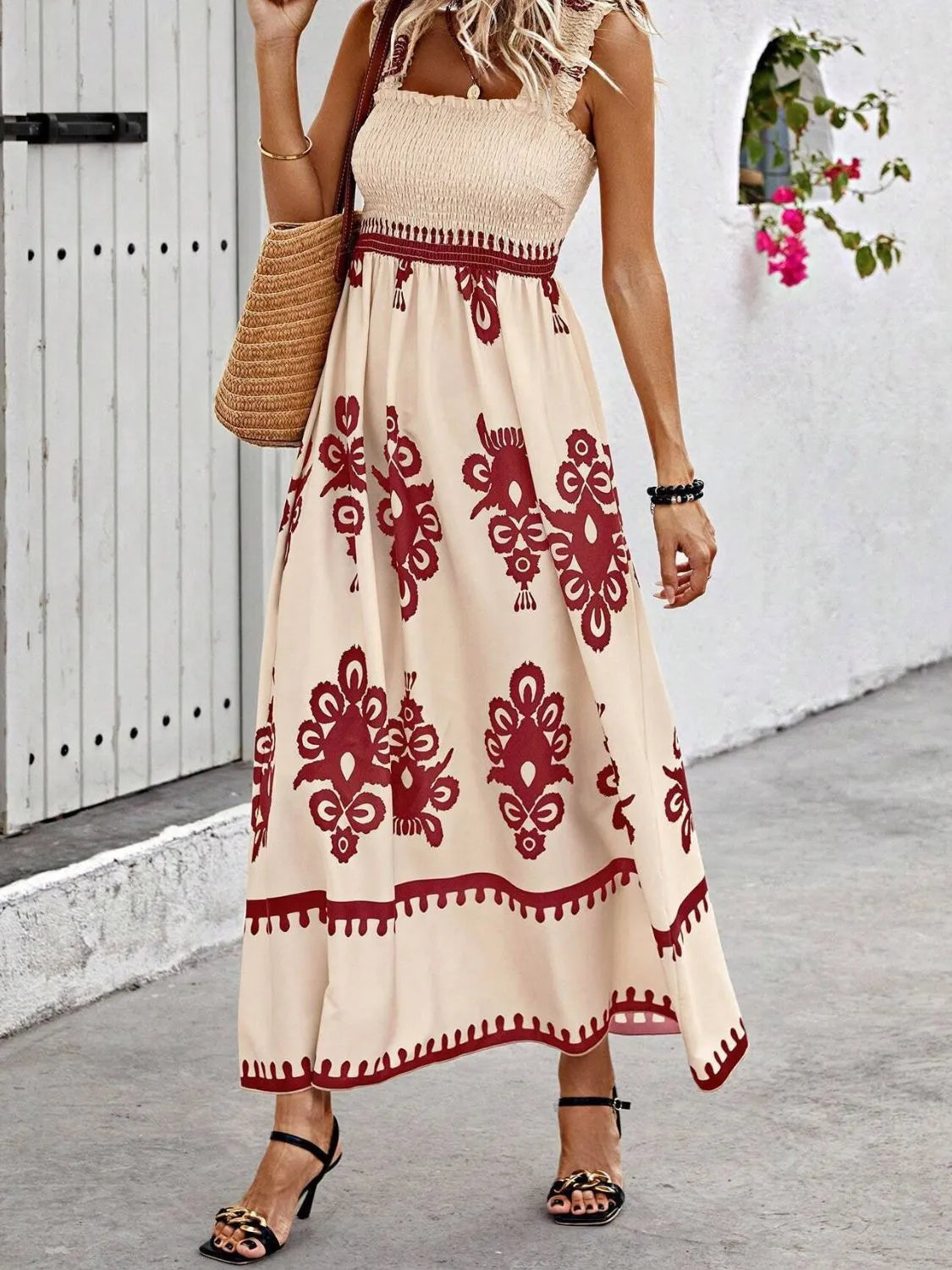 Cream maxi dress with burgundy floral print, front view