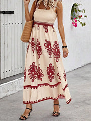 Cream maxi dress with burgundy floral print, front view